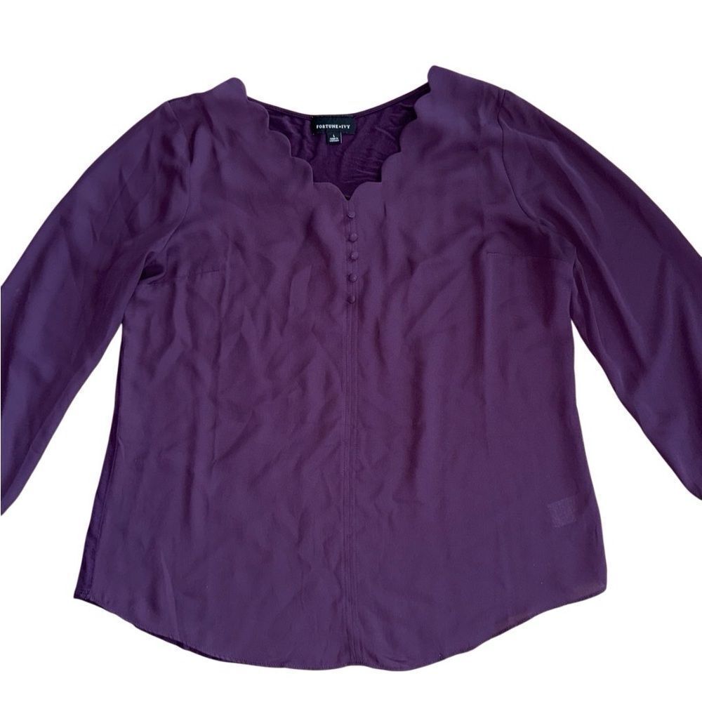 Fortune & Ivy Devora Scallop Detail Mixed Material Blouse Purple Size Large - Picture 7 of 9